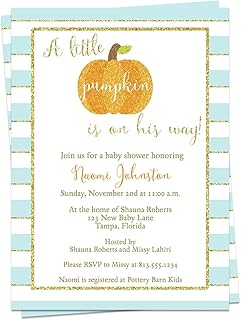 Pumpkin Baby Shower Invitation Boy Sparkling Blue Gold Stripes Autumn Fall Pumpkins Sprinkle Customize Personalize Printed Cards (12 count)