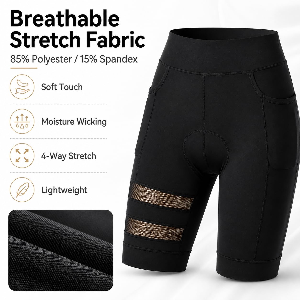 Cuissard Femme Court Rembourré, Stretch Sport avec Poches