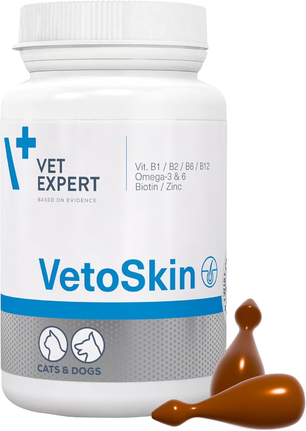 Ergänzungsfuttermittel für Hunde und Katzen | 90 Kapseln Twist-Off | Unterstützung von Haut und Fell | Mit Omega-Fettsäuren | Vet Expert VetoSkin