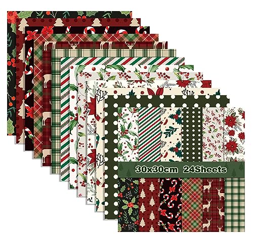 Papier pour scrapbooking de Noël 30,5x30,5 cm rouge et vert - Lot de 24 feuilles double face