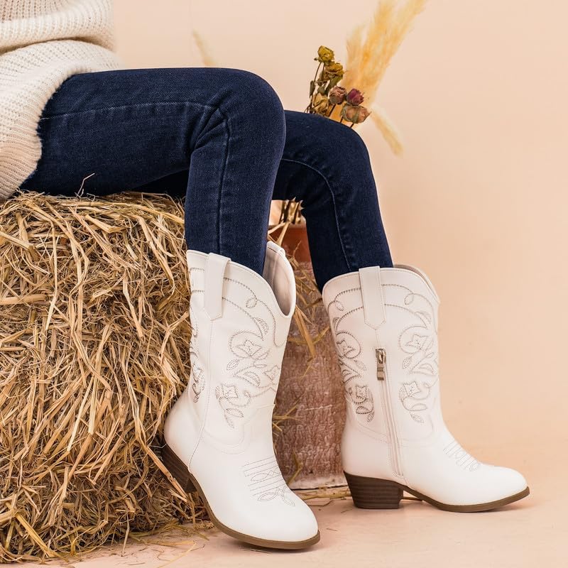Cowgirl Boots for Girls Mid Calf Youth Girl Cowboy Western Boots Pointed Toe Embroidered for Horse Riding Country Party Toddler Little Big Kids - Image 8