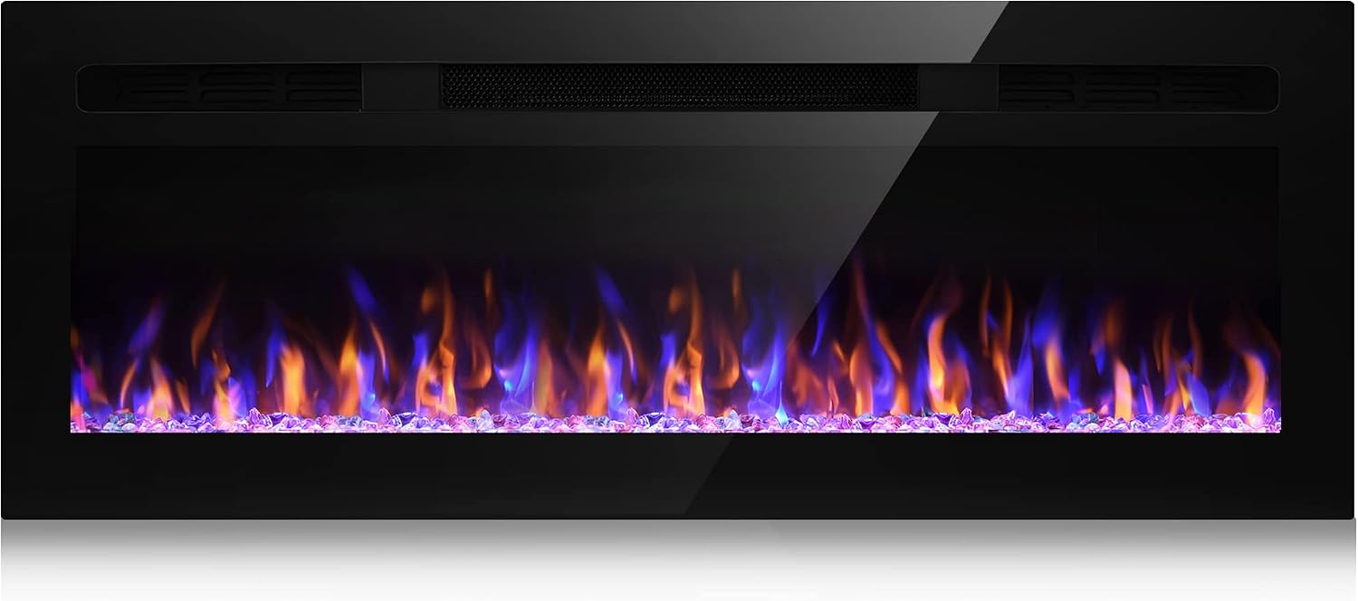 Ooiior 50 Inch Electric Fireplace, Recessed and Wall Mounted Fireplace with Remote Control, Ultra-Thin Fireplace Heater and Linear Fireplace, with Timer, Adjustable Flame Color, 750/1500W - Black