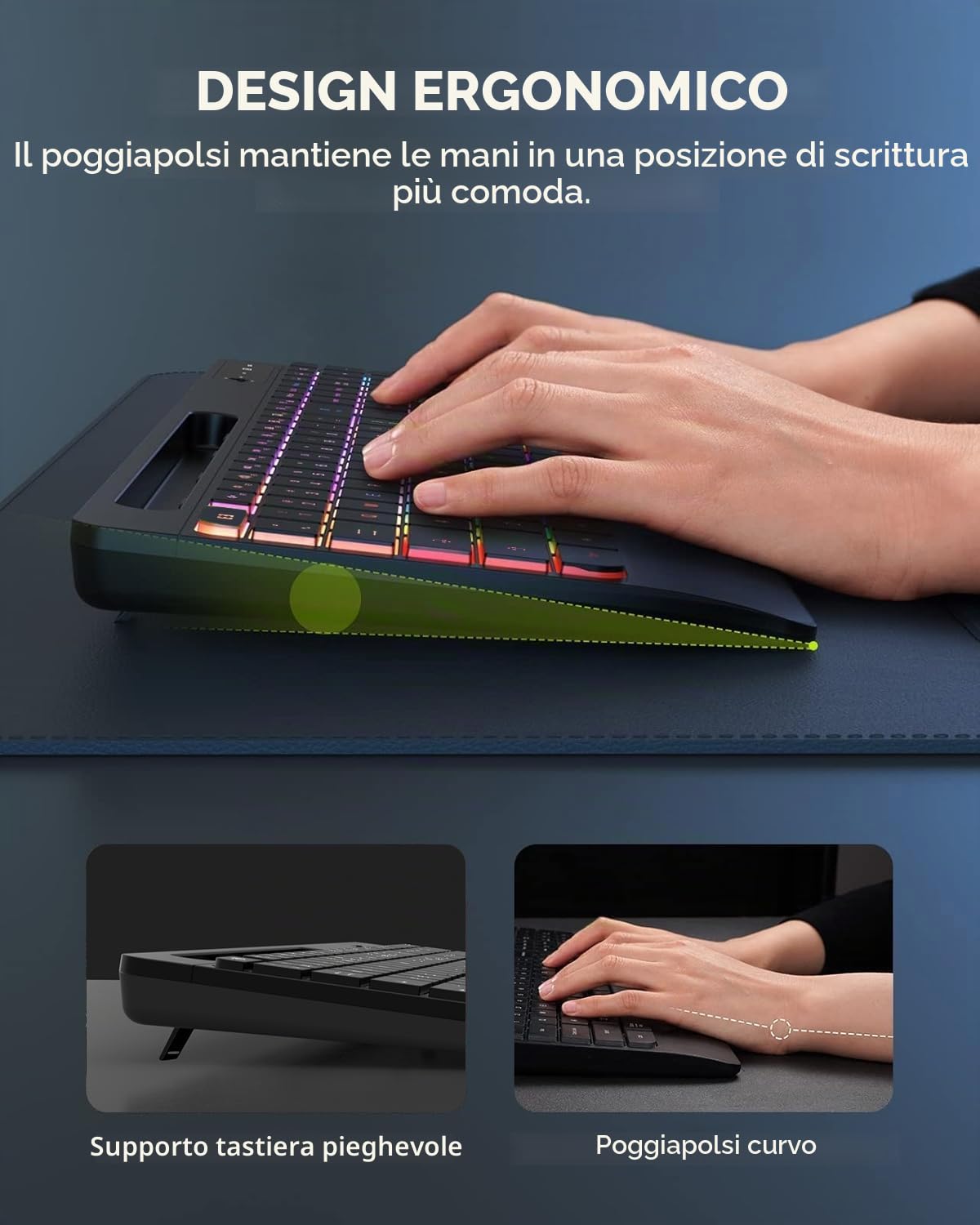 seenda JPX006 - Set tastiera e mouse wireless illuminato, ergonomico, QWERTZ | Connettore USB-A e USB-C, ricaricabile, ergonomico, con supporto per cellulare e poggiapolsi, tasti silenziosi, per PC e Mac