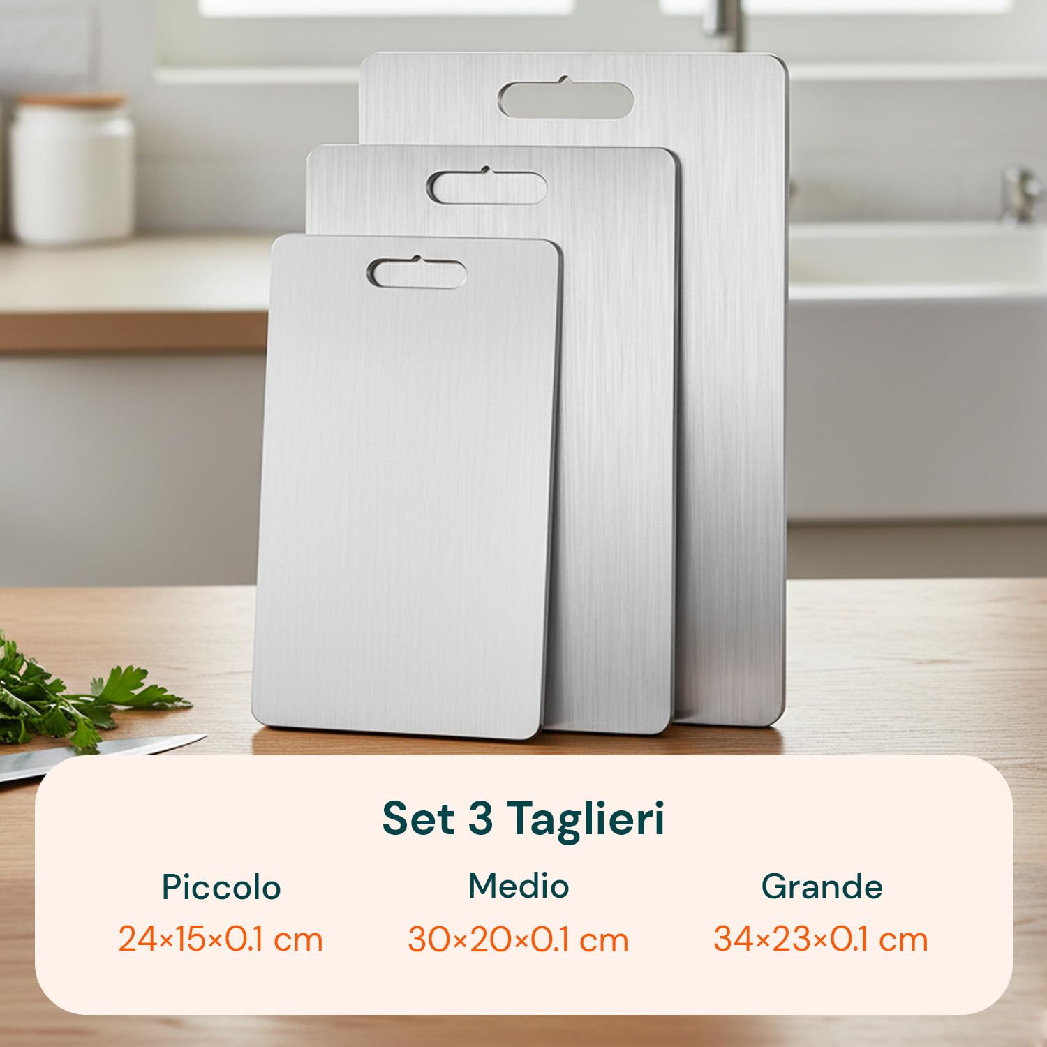 Avilia - Tagliere Acciaio Inox Bifacciale con Manico Forato Set 3 Diverse Dimensioni per Carne Pesce Verdure e Pane Uso Quotidiano Superficie Igienica Antiruggine Salvaspazio