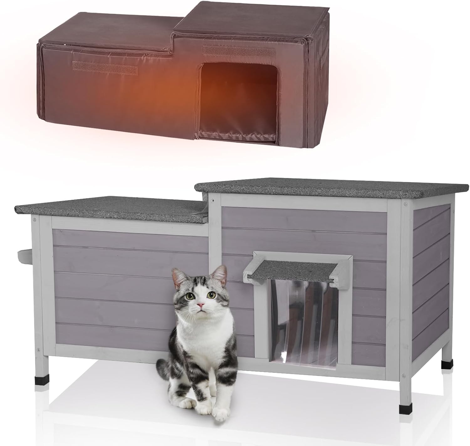 GUTINNEEN Large Outdoor Insulated Cat House Weatherproof Feral Cat Shelter with All-Round Thermal Liner, Wooden Kitty Condo with Openable Roof, Elevated Base for 2-4 Cats in Winter