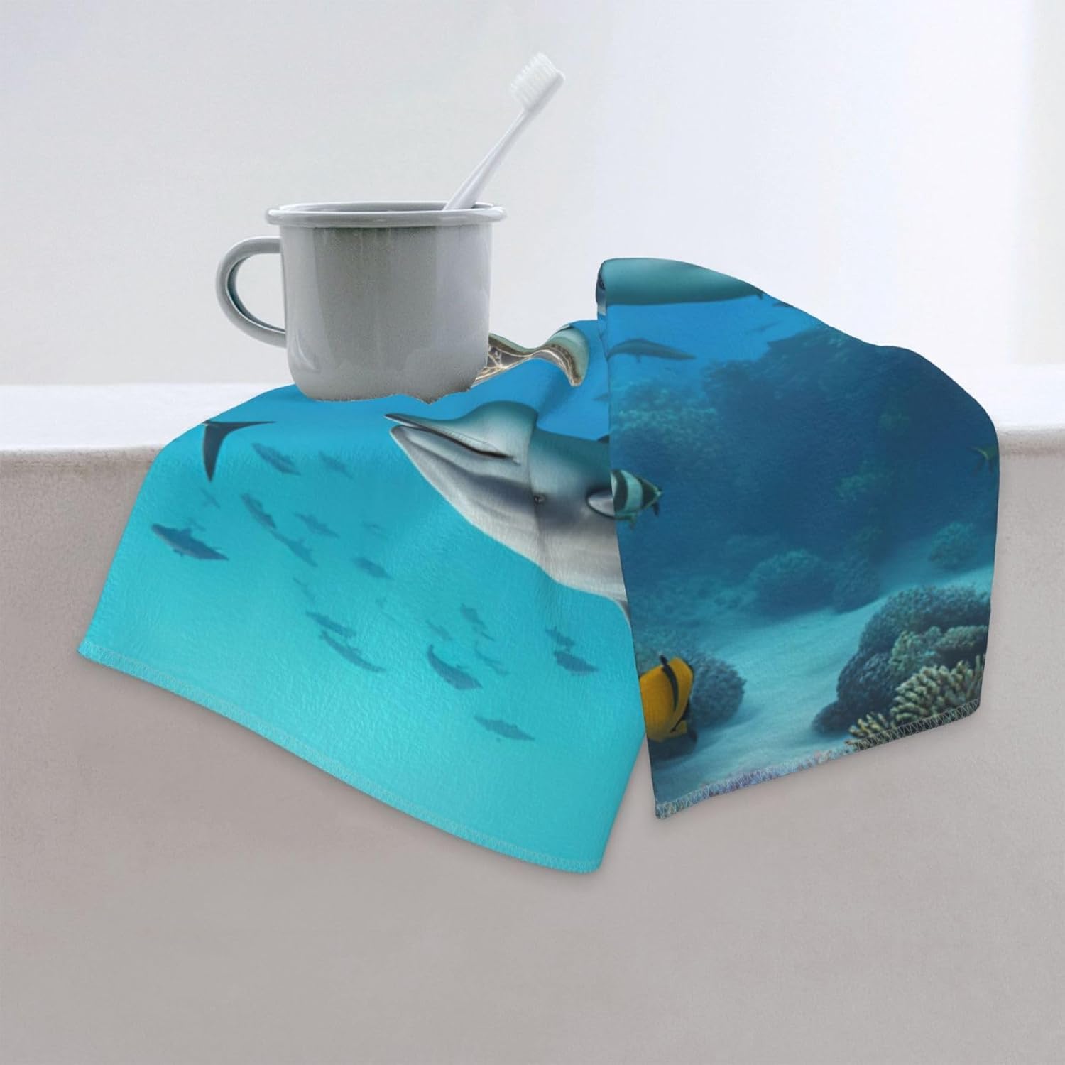 Dolphins Sea Turtle Shark Octopus Coral Reef Print Hand Towels for Kitchen, Decorative Bathroom Towels Decor Farmhouse Cute for Men Women Gifts