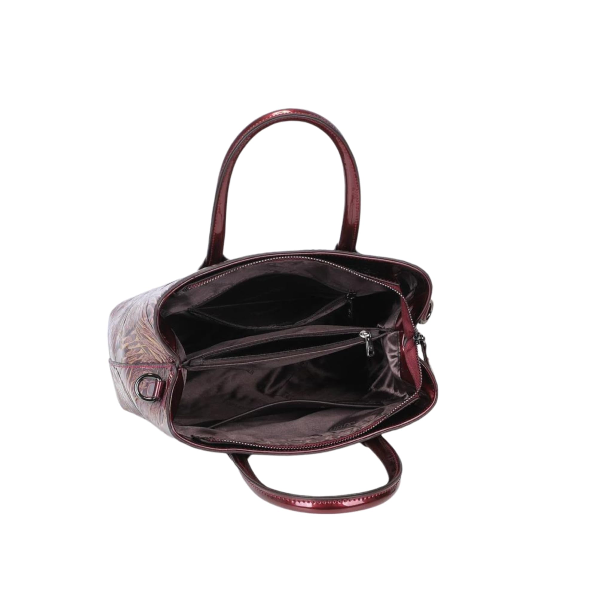 DAZZLE Floral Embossed PU Leather Handbags with Fancy Embroidery, Long Belt, Zipper Closure, Satchel Style, for Women Gold Red