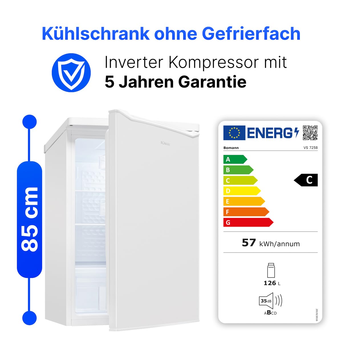 Bomann Kühlschrank 126L Energieklasse C 85cm leise 35dB VS 7258 weiß
