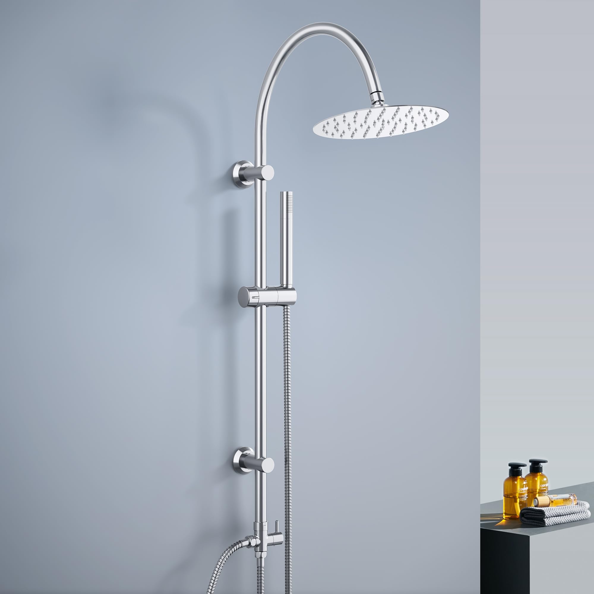 Görbach Columna de Ducha sin Grifo, Set Ducha en Acero Inoxidable Altura Adjustable Conjunto Ducha Baño con Ducha Mano y Cabezal Ducha Rociador redondo D20cm, Cromo