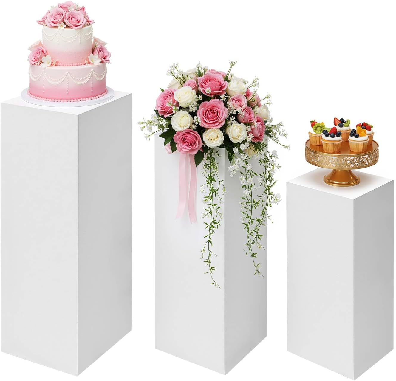 3 Piece Metal Pedestal Stand for Parties, Square Tall Display Stands for Cake, Dessert Table Cube Display Pillars for Birthday Wedding Bridal Baby Shower Party Decorations
