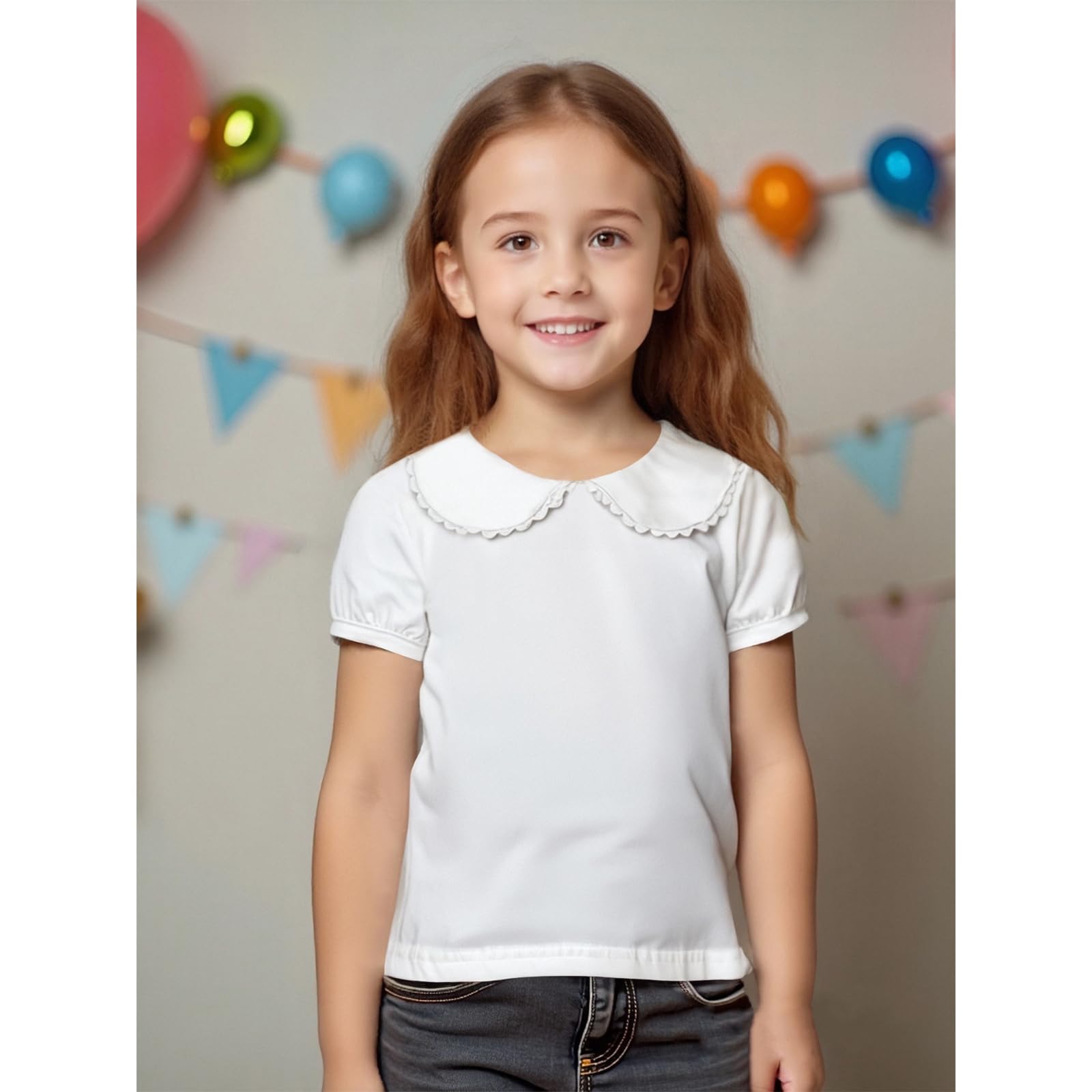 MODNTOGA Chemise à manches longues pour bébé fille - Chemisier blanc à manches courtes bouffantes - Couleur unie - Haut et bas