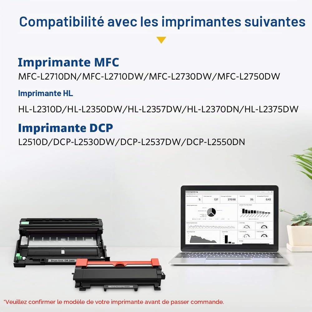 DR2400 TN2420 Cartouche de Toner & Tambour Compatible pour Brother DR2400 TN2420 pour Brother L2375DW L2710DN MFC-L2710DW HL-L2350DW L2370DN L2750DW DCP-L2530DW (1 Toner + 2 Tambour)