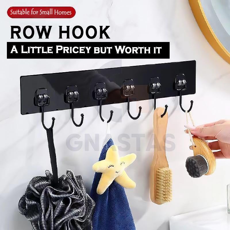 Image of Wall Hook Hanger with 6 Hooks | Heavy Duty Wall Mounted Adhesive Hook Rack for Kitchen, Bathroom, Bedroom & Office | Multipurpose Organizer for Coats, Towels, Keys 1pc (Black)