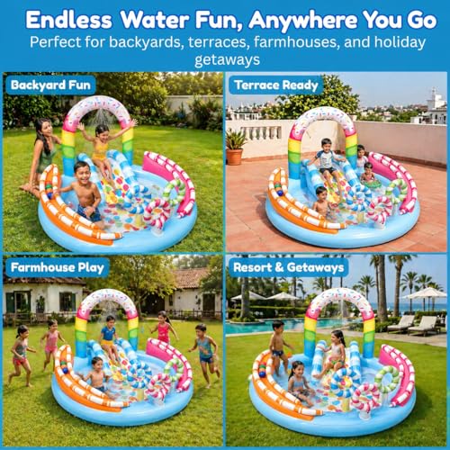 Image of Toy Imagine Candy Zone Inflatable Kids Pool Play Center with Water Slide & Sprinkler, Backyard Toddler Pool, Outdoor Summer Water Park (116 inch x 75 inch x 51 inch)