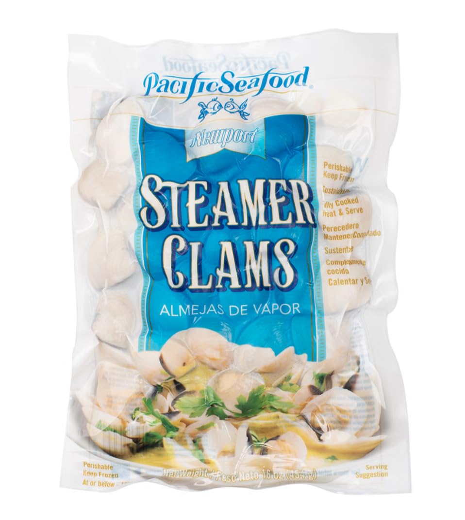 [Pack of 8] Frozen Whole Cooked Steamer White Hard Clams – Sweet & Succulent, Ready to Heat & Serve – Perfect for Pasta, Soups, and Seafood Feasts - 1 Pound Each Pack
