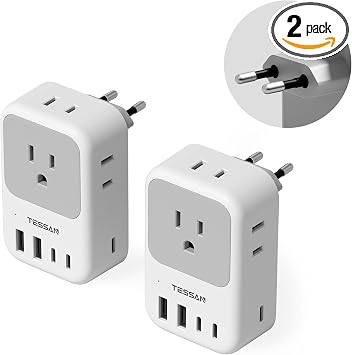 TESSAN European Travel Plug Adapter 2-Pack, US to EU Outlet Adaptor with 4 AC Outlets & 5 USB Ports 3 USB-C 28W, Type C Power Adapter for Italy France Germany Spain Greece Iceland