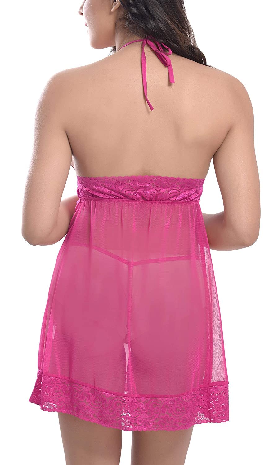 Ensemble nuisette en dentelle avec string et col en V pour femme Rose Taille unique