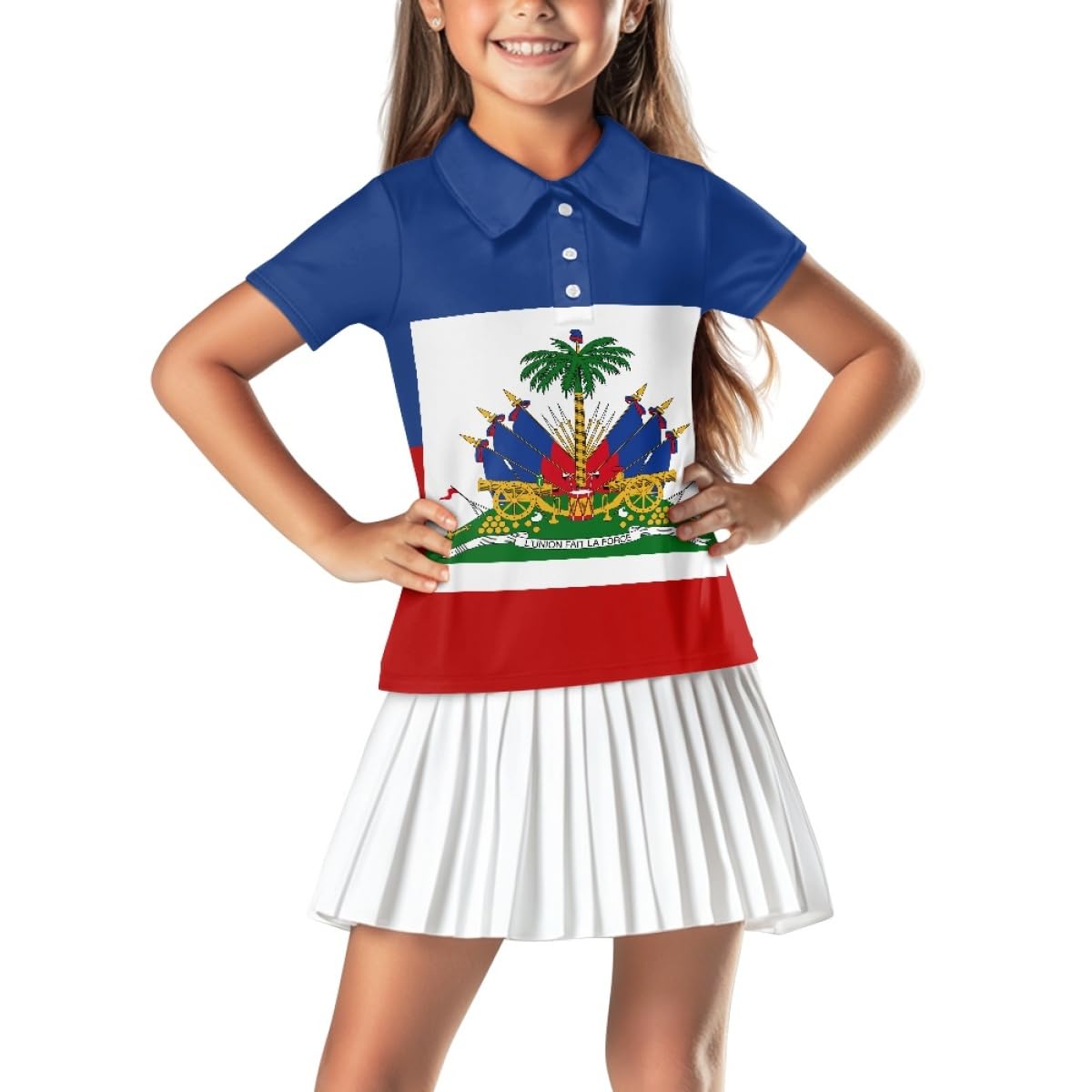 ENLACHIC Girls Golf Polo Shirts Haitian Flag Print Short Sleeve Button Up Summer Casual Tennis Collared Shirts,Haiti Flag 1,13-14
