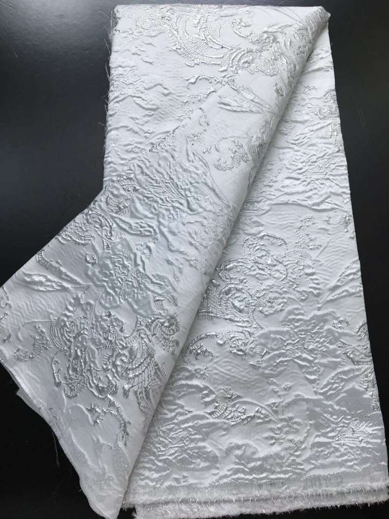 African Lace Fabric 5 Yards Floral Jacquard Embroidery with Gold Foil Craft, Wedding Dress Gown Fabric (White)