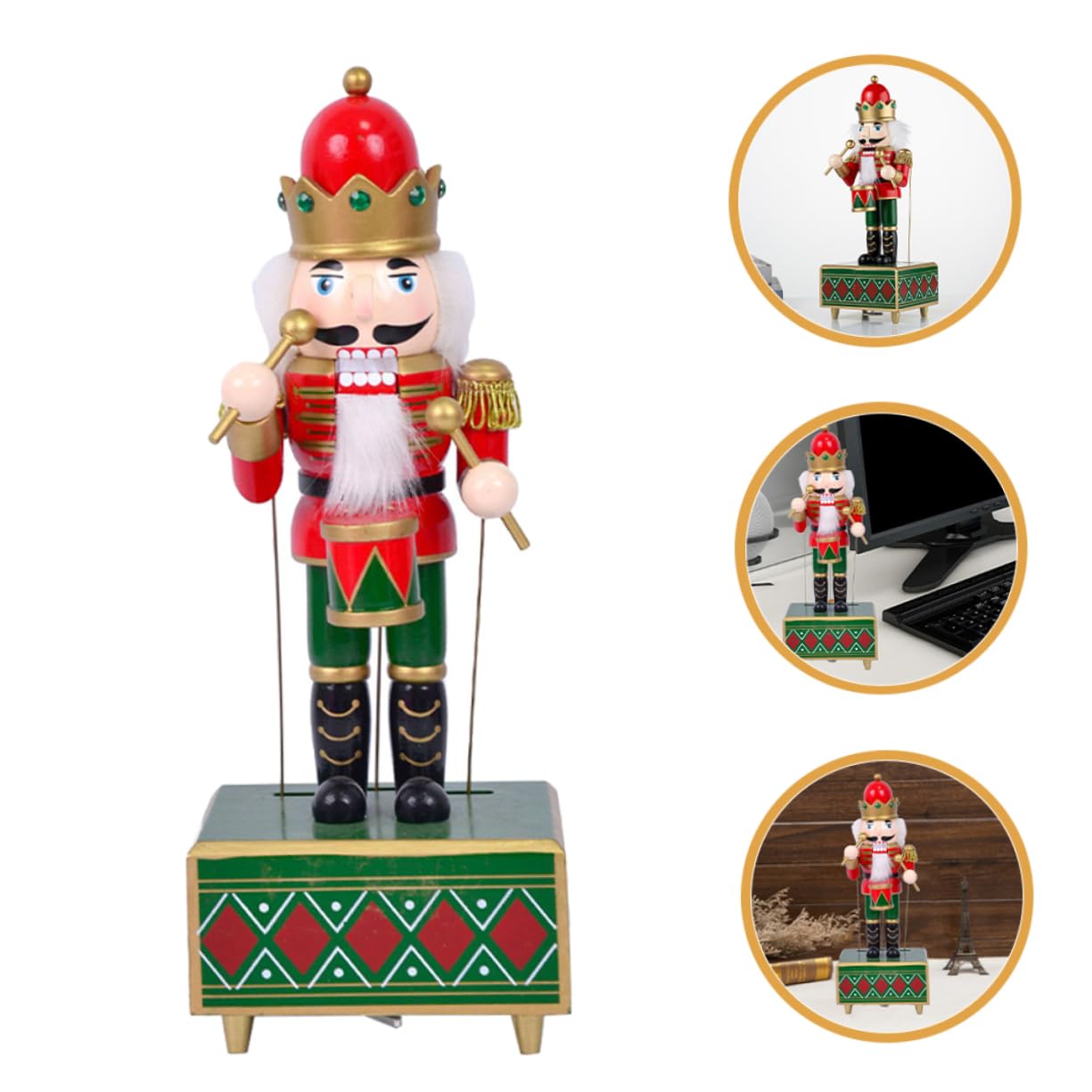 Schiaccianoci Carillon Musicale in Legno Decorazione Natalizia Classica Statuina di Schiaccianoci Tamburo Ornamento Musicale per Festa