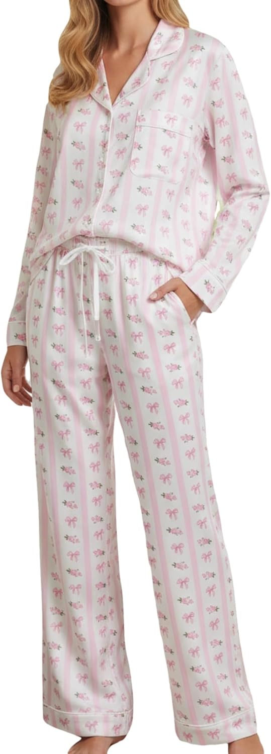 Womens 2 Piece Cute Pajama Sets Bow Button Long Sleeve Pjs Wide Leg Pants with Pocket Casual Loungewear