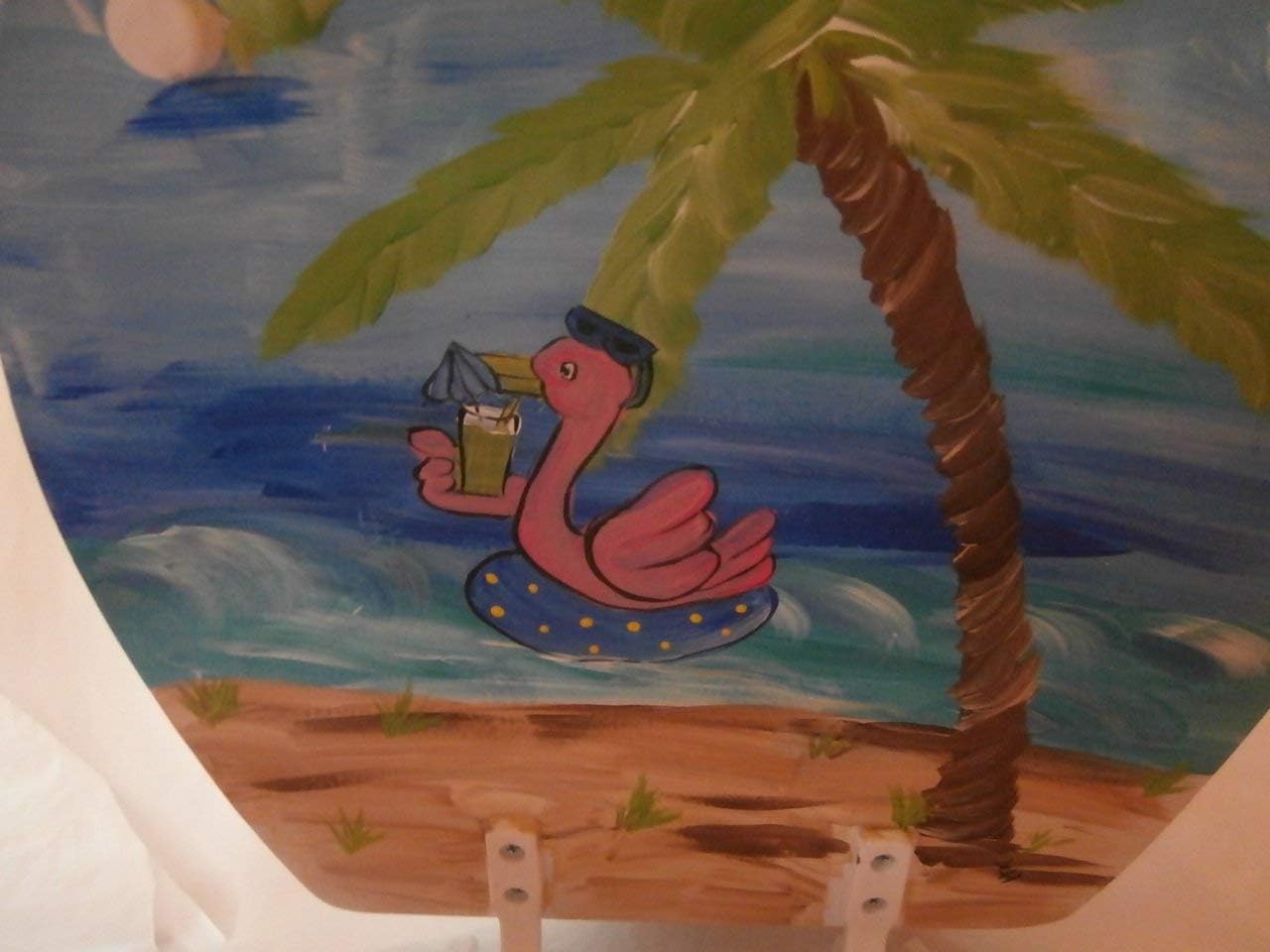 Hand Painted Beach Flamingos. Elongated White Toilet seat.