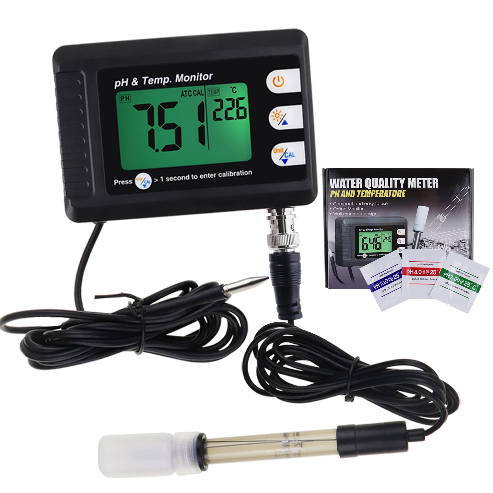 Misuratore Di Ph E Temperatura Combinato Digitale - Monitor Ph E Termometro Per Acquario Con Calibrazione Automatica - Ideale Per Laboratori Di Acquacoltura, Idroponica E Acquari