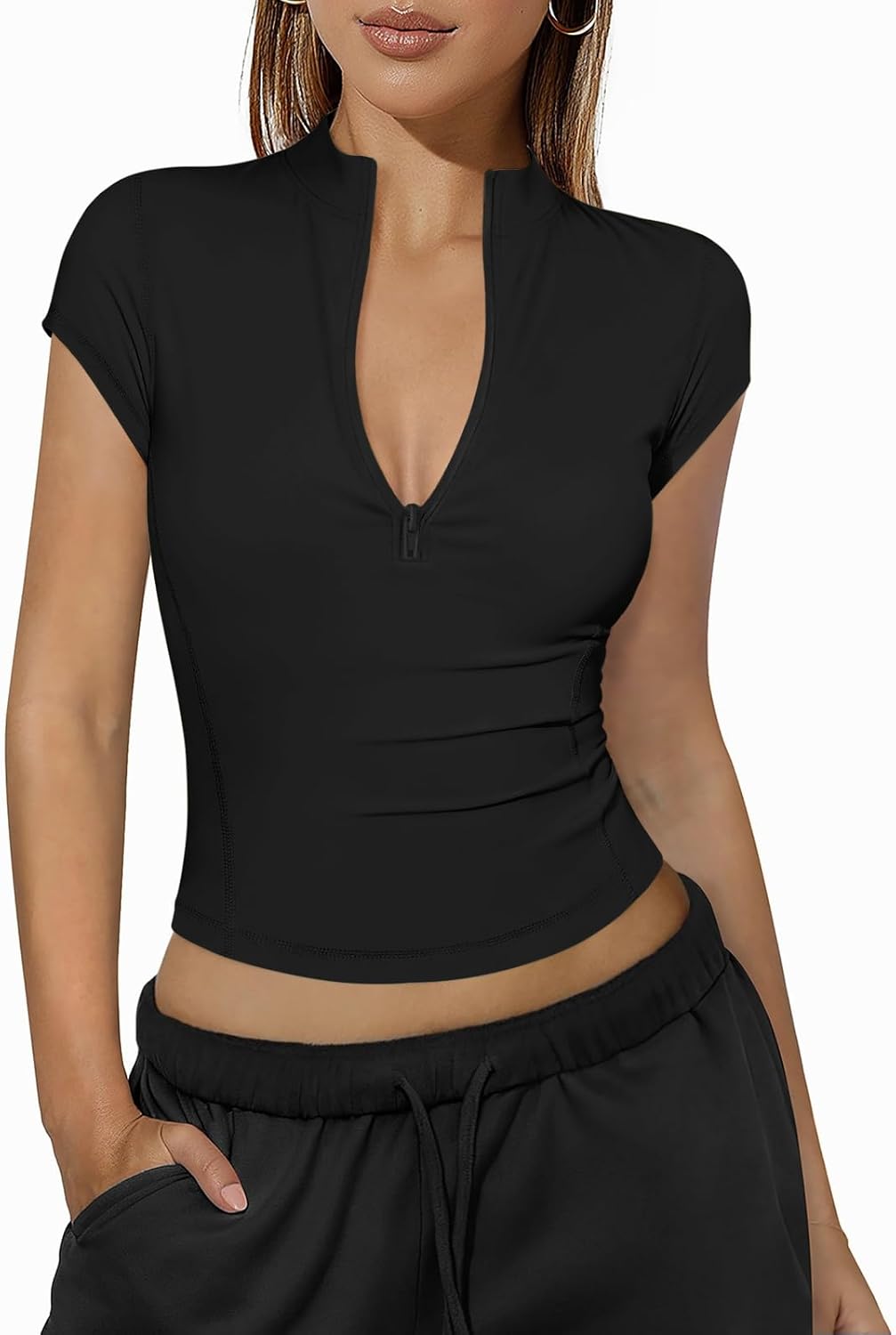 Womens Short Sleeve Workout Tops for Women Half Quarter Zip Athletic Pullover Tee Golf Shirt Slim Fit Yoga Gym Crop Top