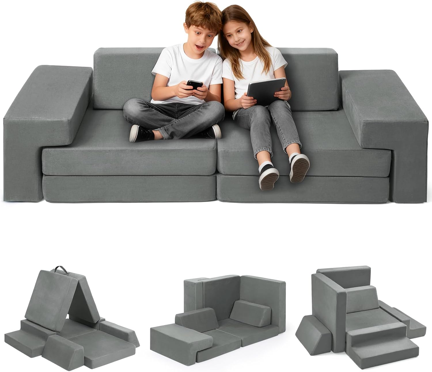 Modular Kids Play Couch, Toddler Sectional Sofa, Versatile Child Furniture for Playroom Bedroom, Convertible Foam and Floor Cushion for Boys and Girls