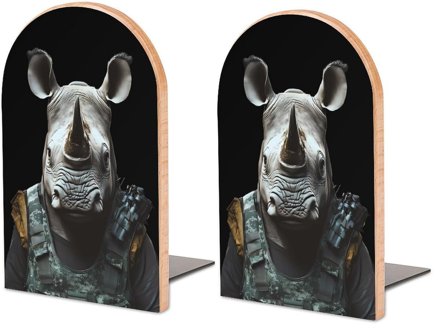 Rhinoceros Cute Wood Book Ends Decorative Bookends 1 Pair Non-Skid for Shelves Home Office 7 X 5 Inch