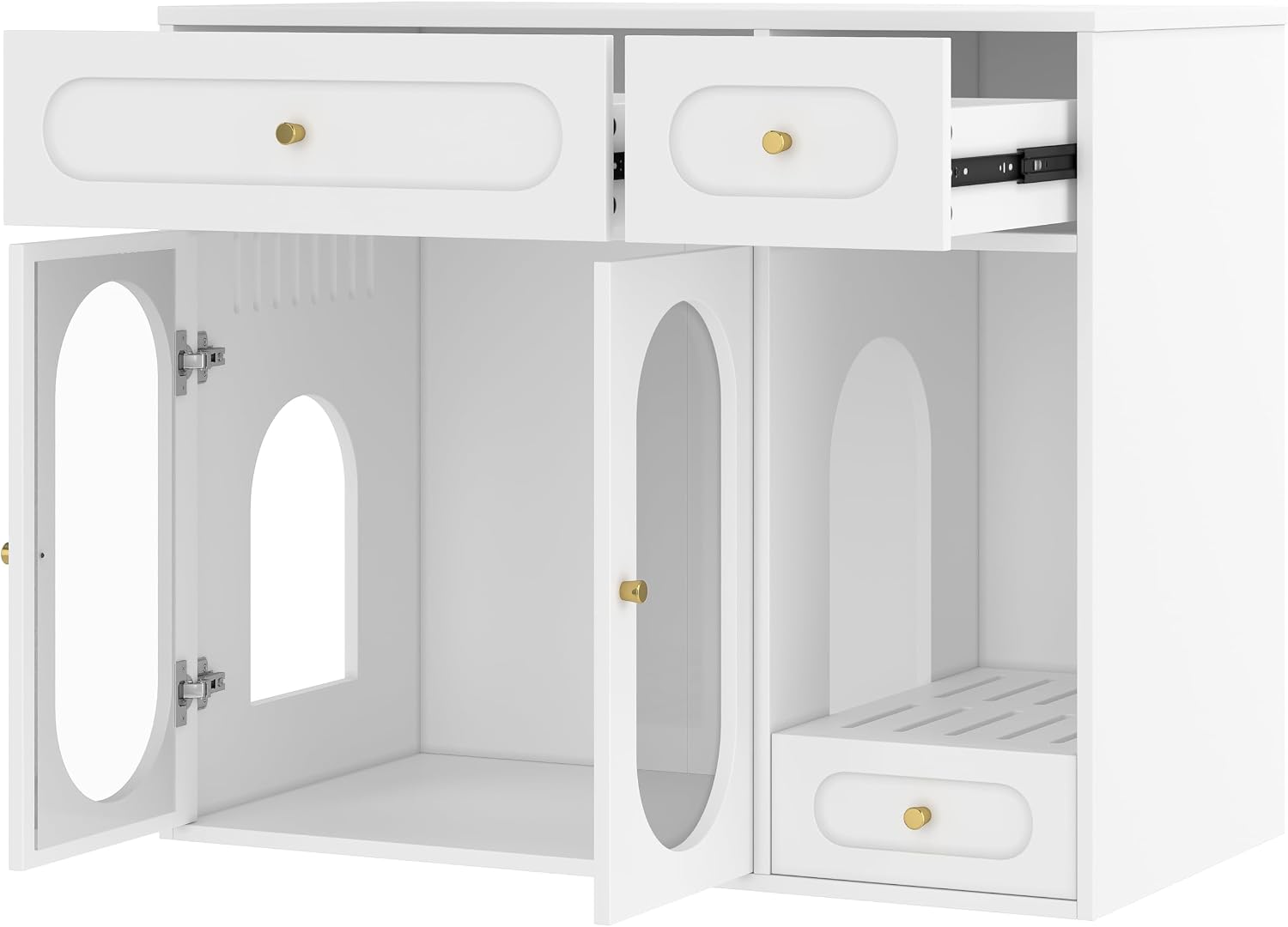 37.4" Cat Litter Box Furniture with LED, Hidden Litter Box Furniture with Storage, Enclosed Wood Cat House with Drawer for Litter Mess, Farmhouse, Suitable for Living Room Bedroom (White)