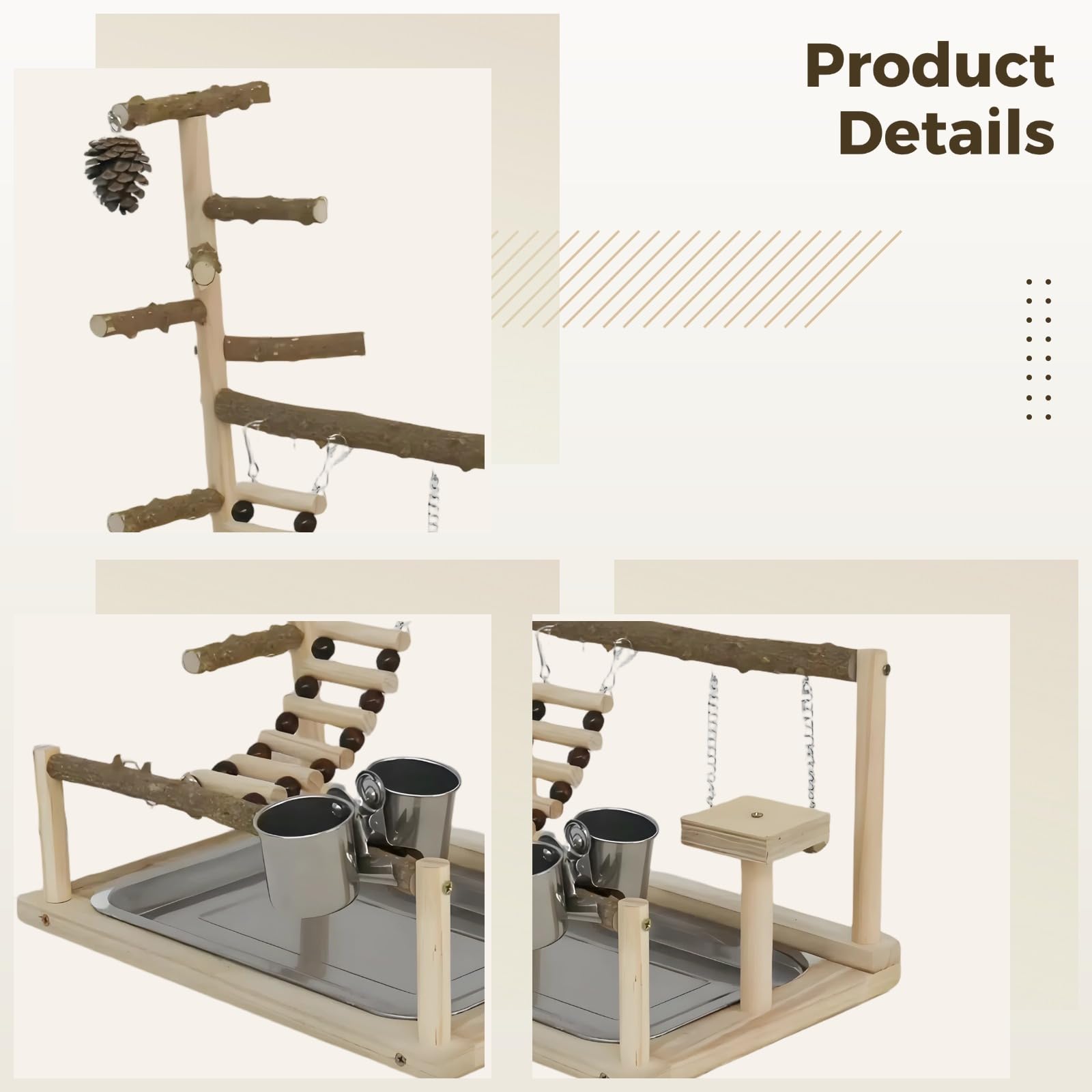 Supporto per uccelli in legno di pepe, parco giochi per pappagalli, con scala, altalena, piattaforme, vassoio e ciotola, robusto e sicuro per il movimento e il gioco
