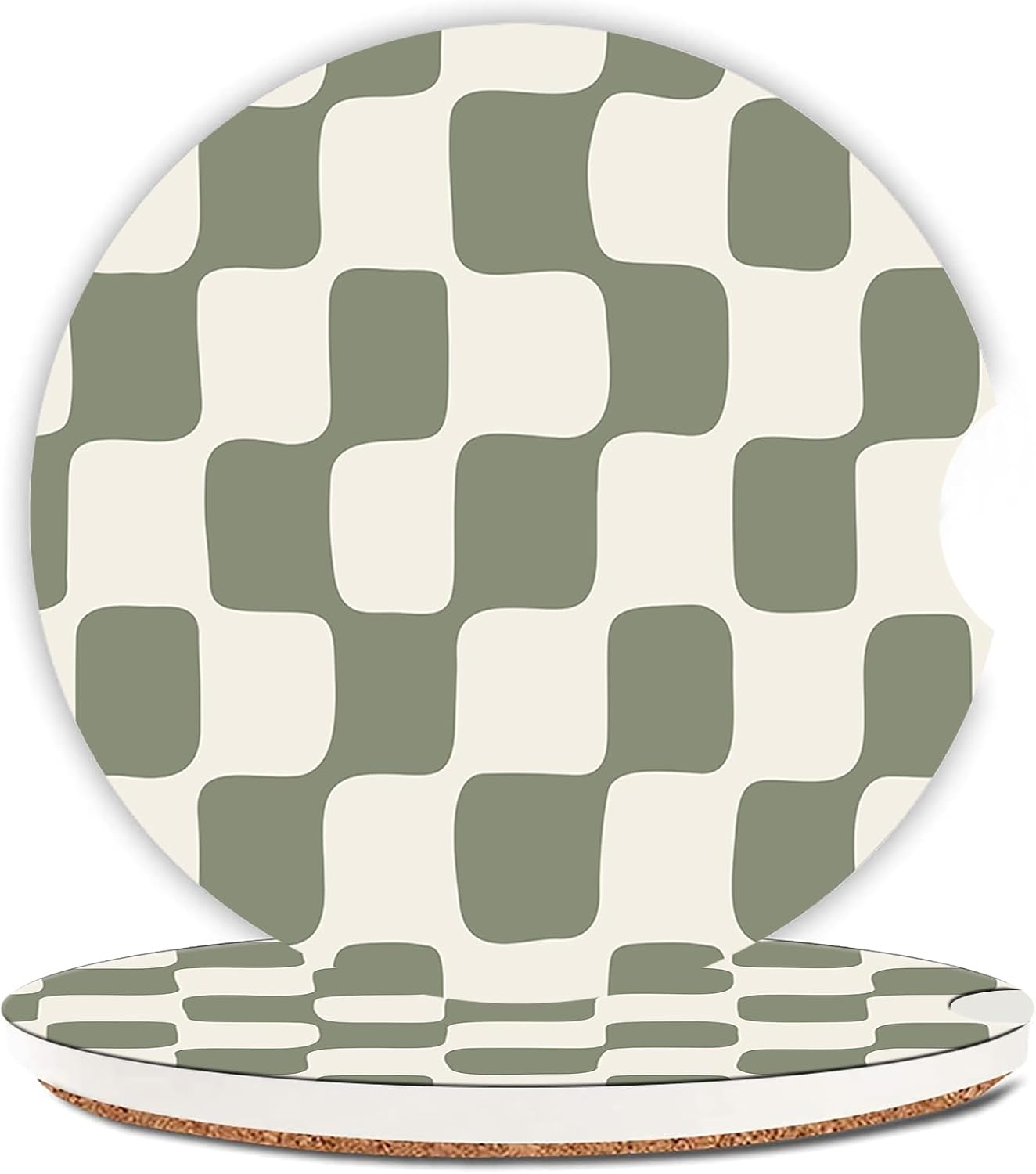 2 Pcs Cute Retro Sage Cream Waves Ceramic Car Coasters for Cup Holders