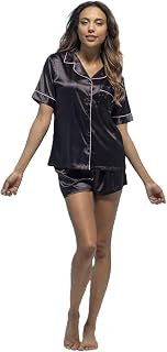 Conjunto de pijama corto de satén para mujer, camisa abotonada y pantalones cortos, ribetes de contraste, ropa de dormir de verano, regalo de despedida de soltera, color plateado o negro