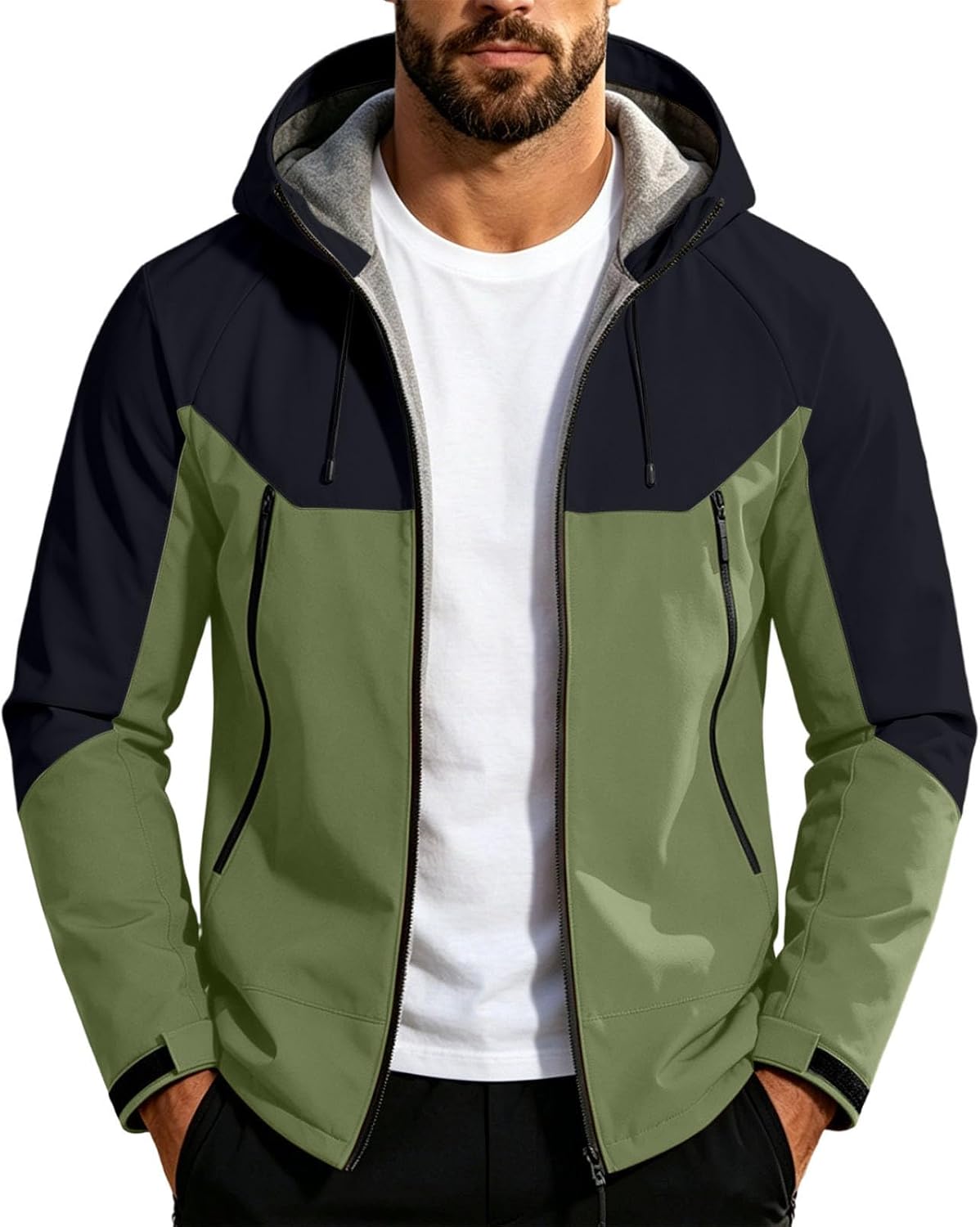 Mens Hooded Windbreaker Jacket Long Sleeve Color Block Waterproof Coats Fall Winter Warm Outdoor Travel Outerwear