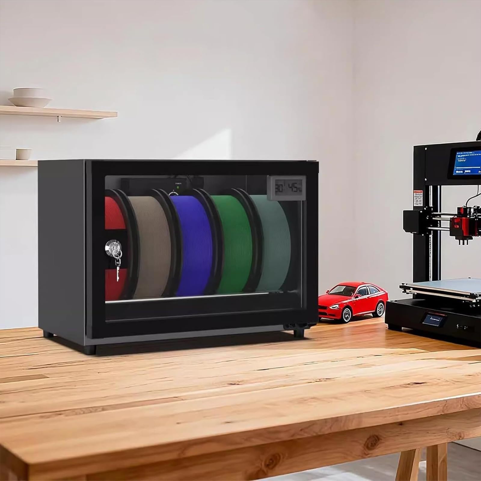 Gabinete deshumidificador de filamento para impresora 3D, caja seca de 25 litros con control de humedad con capacidad para 5 carretes, para PLA/ABS/PETG, bloqueo seguro
