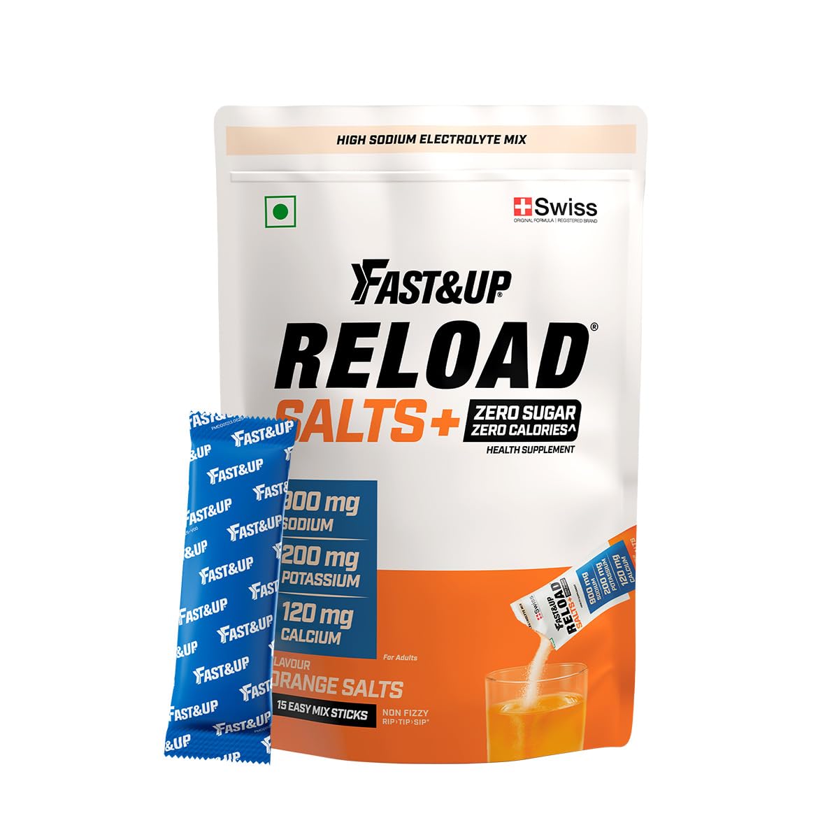 Fast&Up Reload Salts | High Sodium Electrolyte Drink Mix | 900mg Sodium | Zero Sugar, Zero Calories| 5 Electrolytes - Potassium, Magnesium, Calcium & Chloride | Instant Hydration | Vegan, No Preservatives | (15 Sachets, Orange)-picture-12