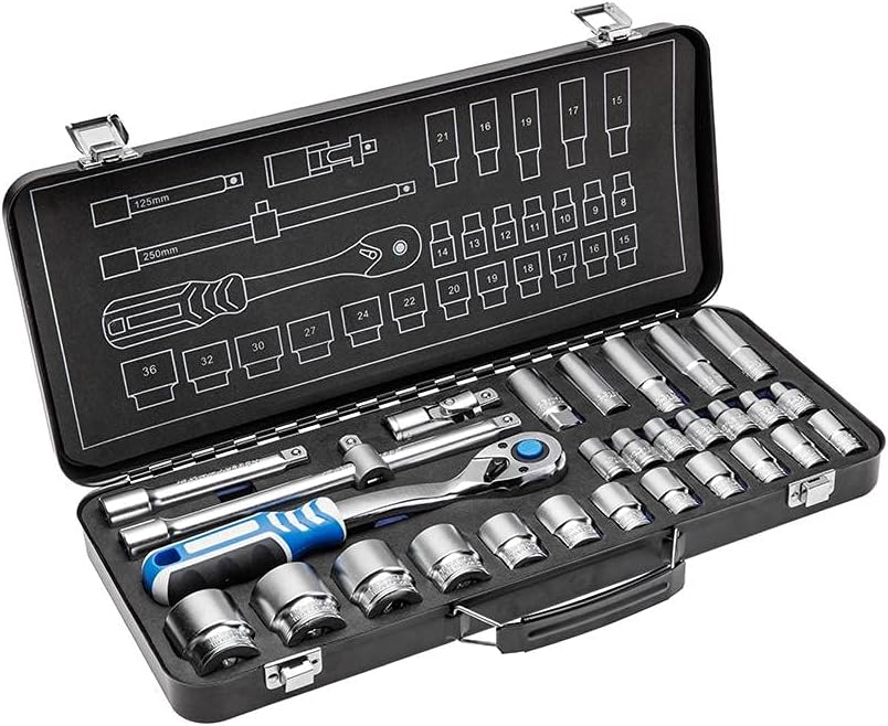 Högert Technik - Tool Set I Socket Wrench, Bits and Accessories 1/4 Inch, 1/2 Inch I Chrome Vanadium Alloy Steel I Deformation-Resistant I Ratchet Mechanism with 72 Pawls I HT1R470-60 Pieces