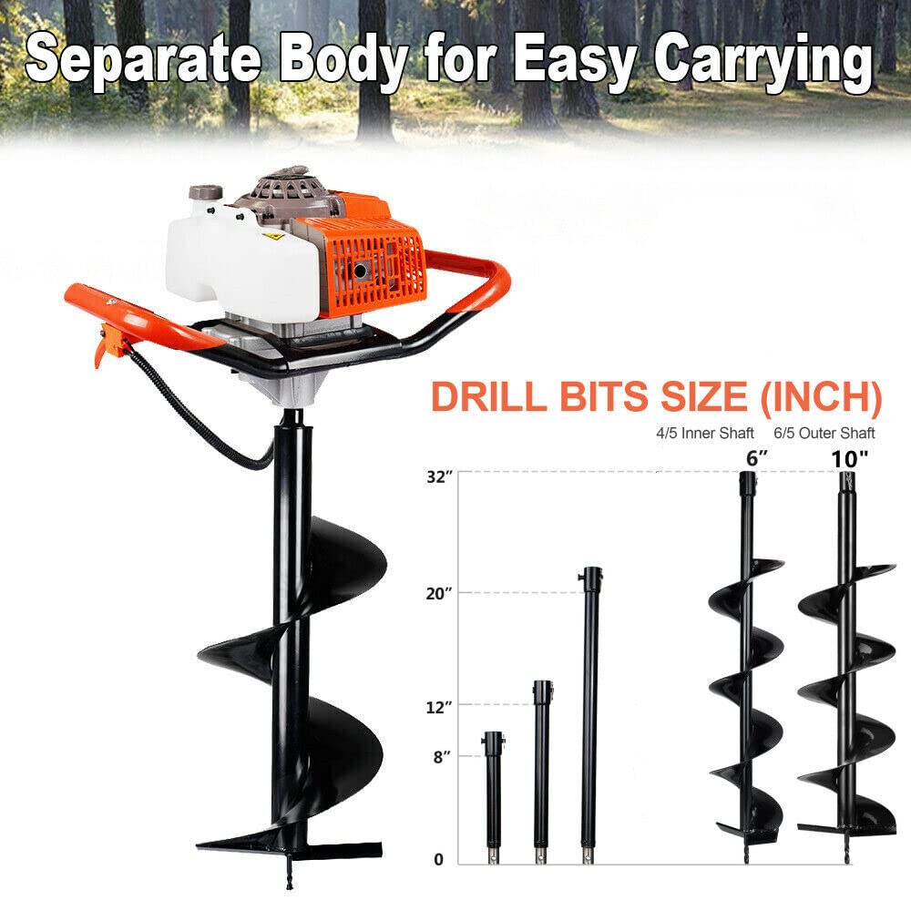 63CC 3.4HP 2 Stroke Gas Powered Auger Post Hole Digger with 2 Earth Auger Drill Bits 6" & 10" + 3 Extension Rods for Farm Garden Digging/Drilling/Planting (Subcontract delivery)