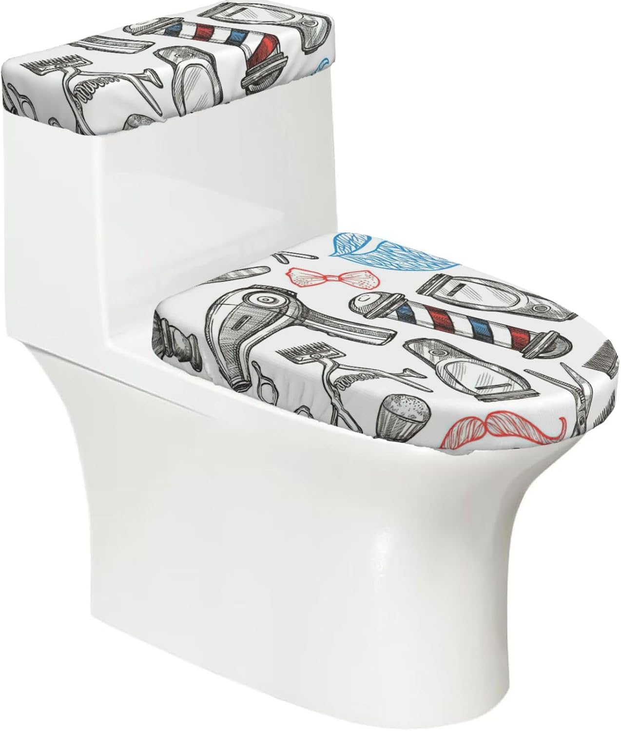 2 Pcs Barber Shop Monochrome Style Print Toilet Lid Cover And Toilet Tank Lid Cover Set, Soft Stretchable Bathroom Covers, Fits Round And Elongated Toilet Seats, Washable And Decorative