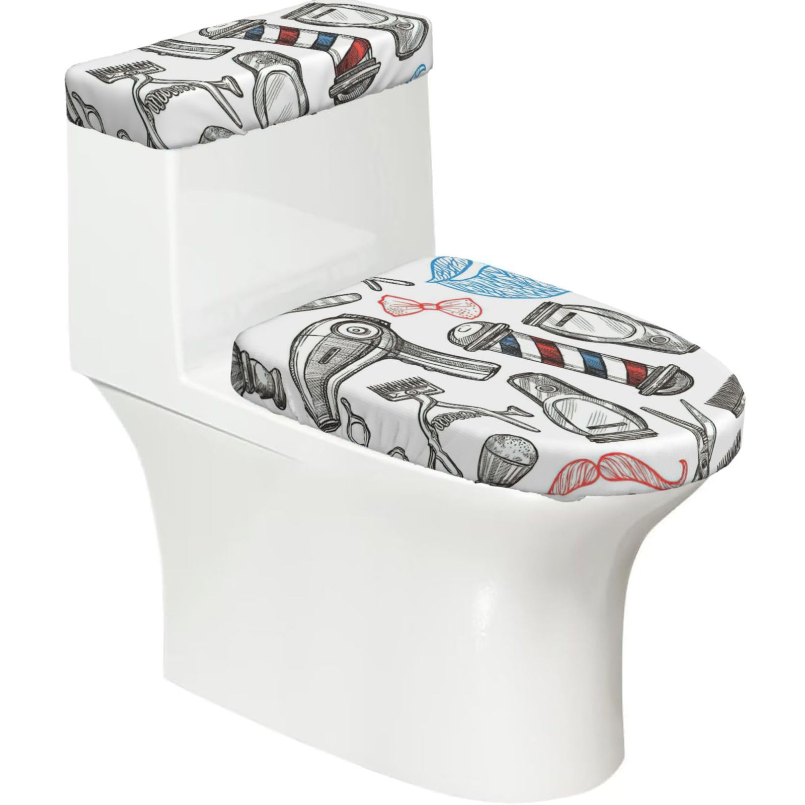 Barber Shop Monochrome Style Print Stretch Toilet Covers Set, Polyester Covers Replacement For Fits Most Size Lids Bathroom Decor