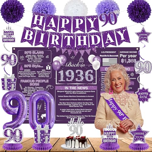 Image of Crenics Purple 90th Birthday Decorations for Women - Back in 1936 Backdrop, Banner, Swirls, Centerpieces, Sash, Paper Pom Poms, Cake Topper and Balloons for 90 Birthday Party Supplies