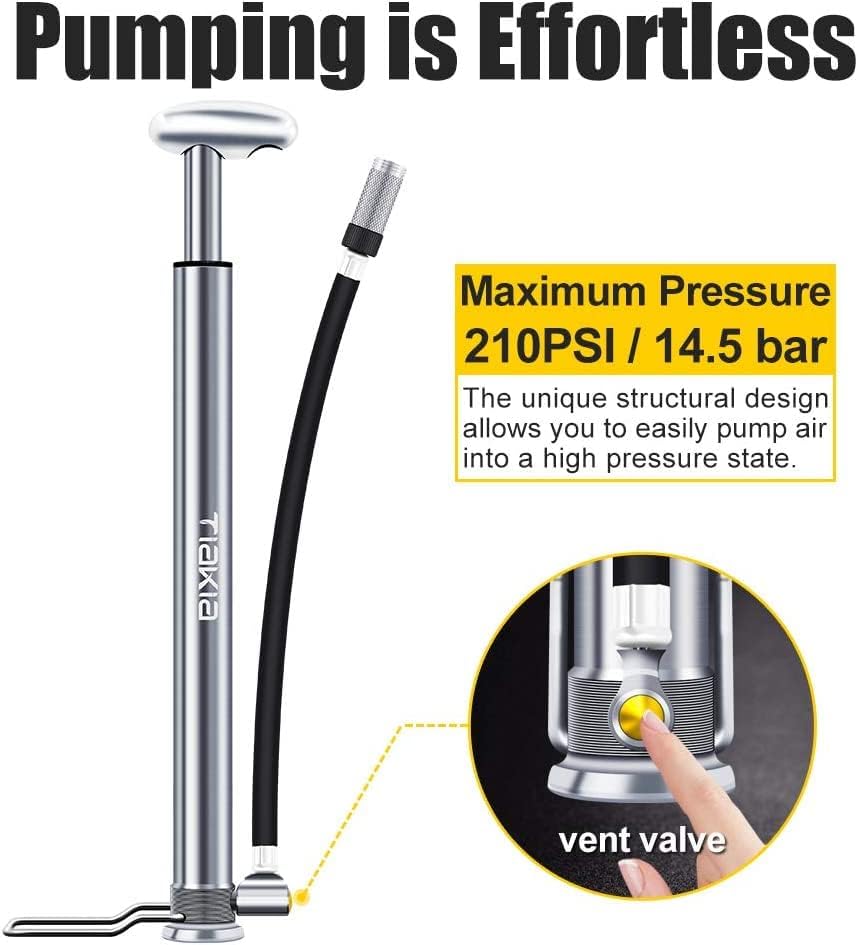 Close-up of the Tiakia Mini Bike Pump's vent valve, indicating its role in effortless pumping up to 210 PSI.