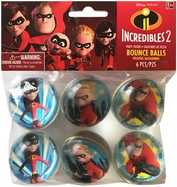 The Incredibles Birthday Party Supplies Bundle includes Dessert Cake Plates, 12 Piece Hanging Swirl Decorations, 16 Party Invitations, 12 Bounce Balls, 18 Sticker Sheets, 40 Puff 3D Stickers
