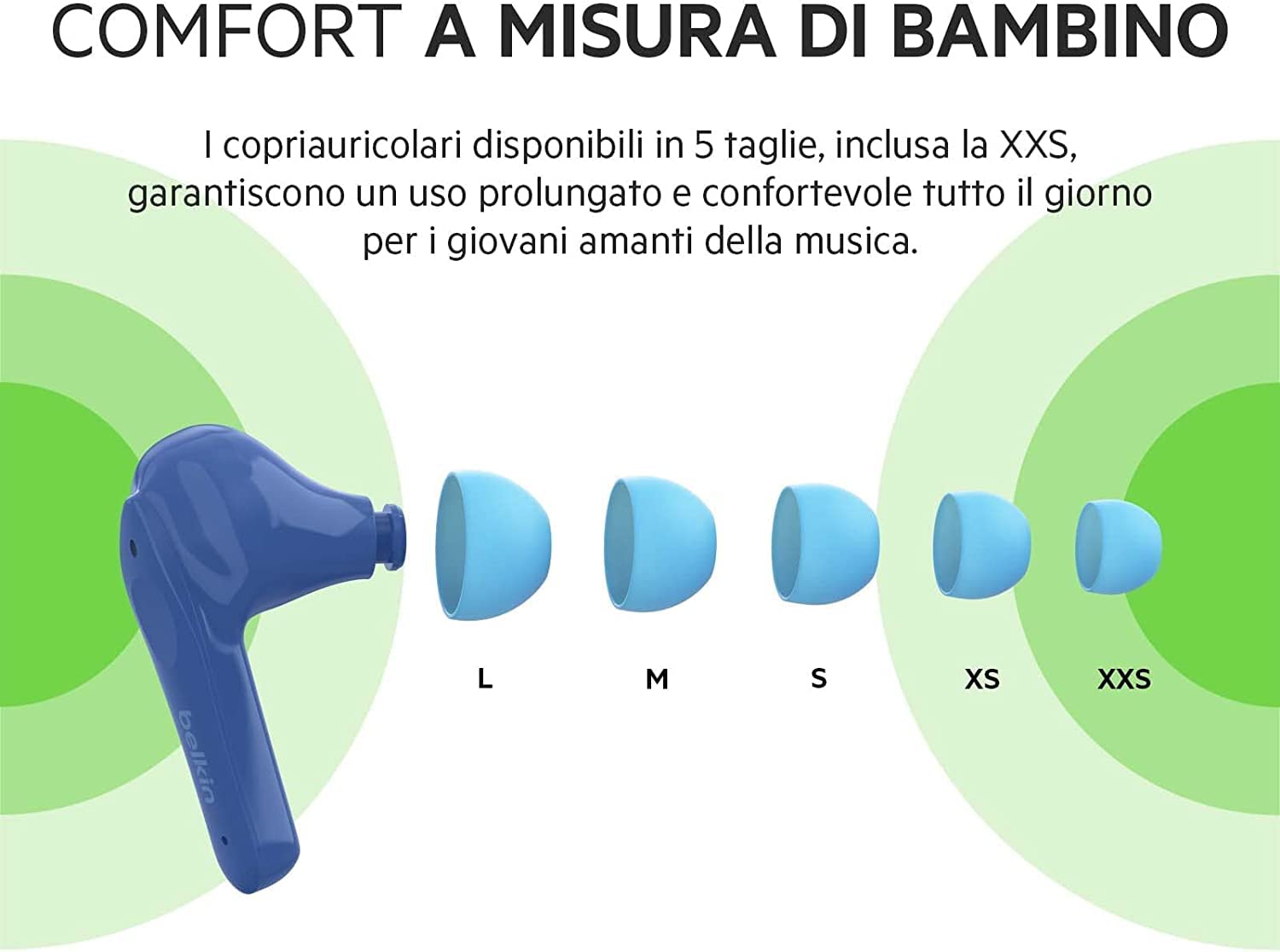 Belkin SOUNDFORM Nano Auricolari true wireless per bambini, Max. 85 dB, Protezione udito,per didattica a distanza, IPX5, 24 ore di riproduzione, Per iPhone, Galaxy, Pixel, Blu,32 - 55",180°,PAC003btBL