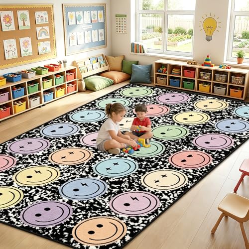 7.6x12 ft Large Smile Face Classroom Rug Happy Face Educational Area Mat Composition Notebook Play Carpet Back to School Learning Mat for Preschool Playroom Nursery Kindergarten(Black and White)