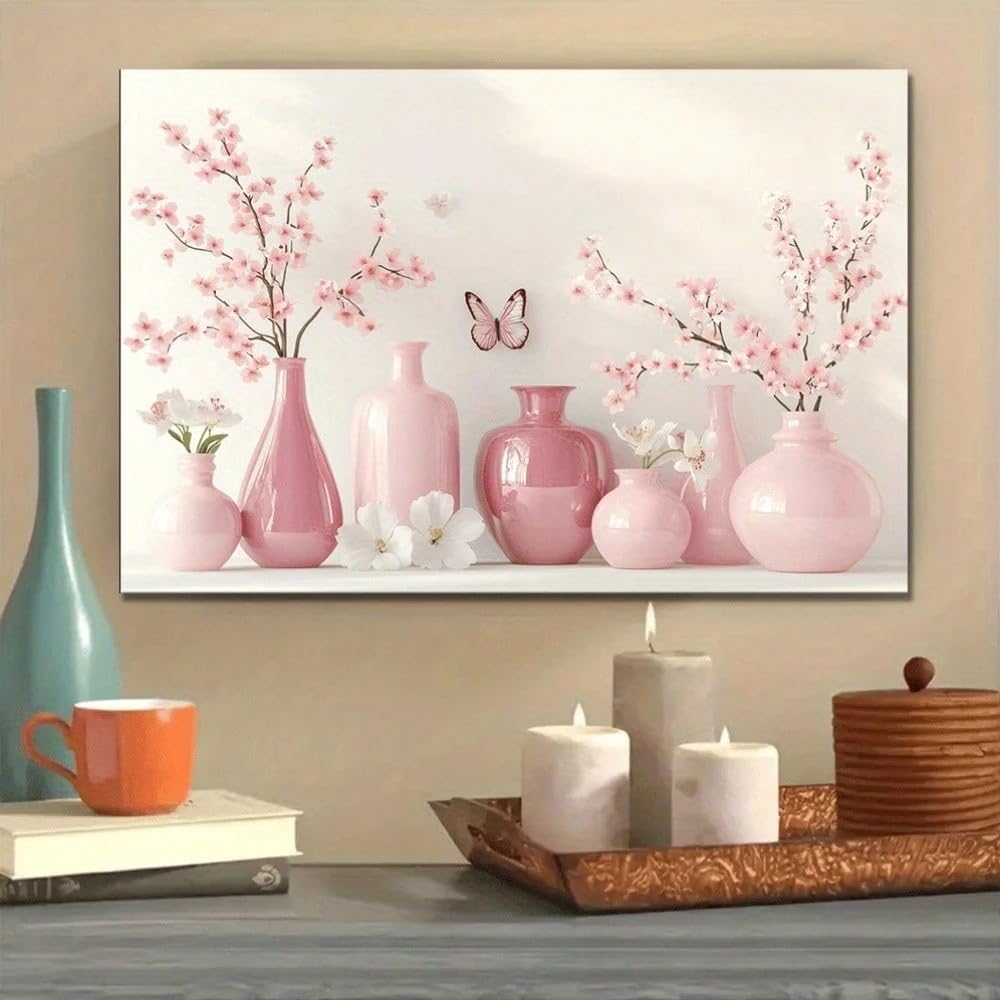 1 lienzo decorativo de pared con diseño de jarrón de cristal rosa y arreglo floral, ideal para la decoración de la sala de estar, el baño o la cocina (50x70cm/Sin marco).