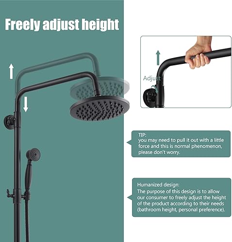 Miniatura 4 de Heyalan Cabezal de ducha negro mate de 8 pulgadas, estilo vintage, 2 asas, sistema de ducha de tubería expuesta, conjunto combinado de accesorios de