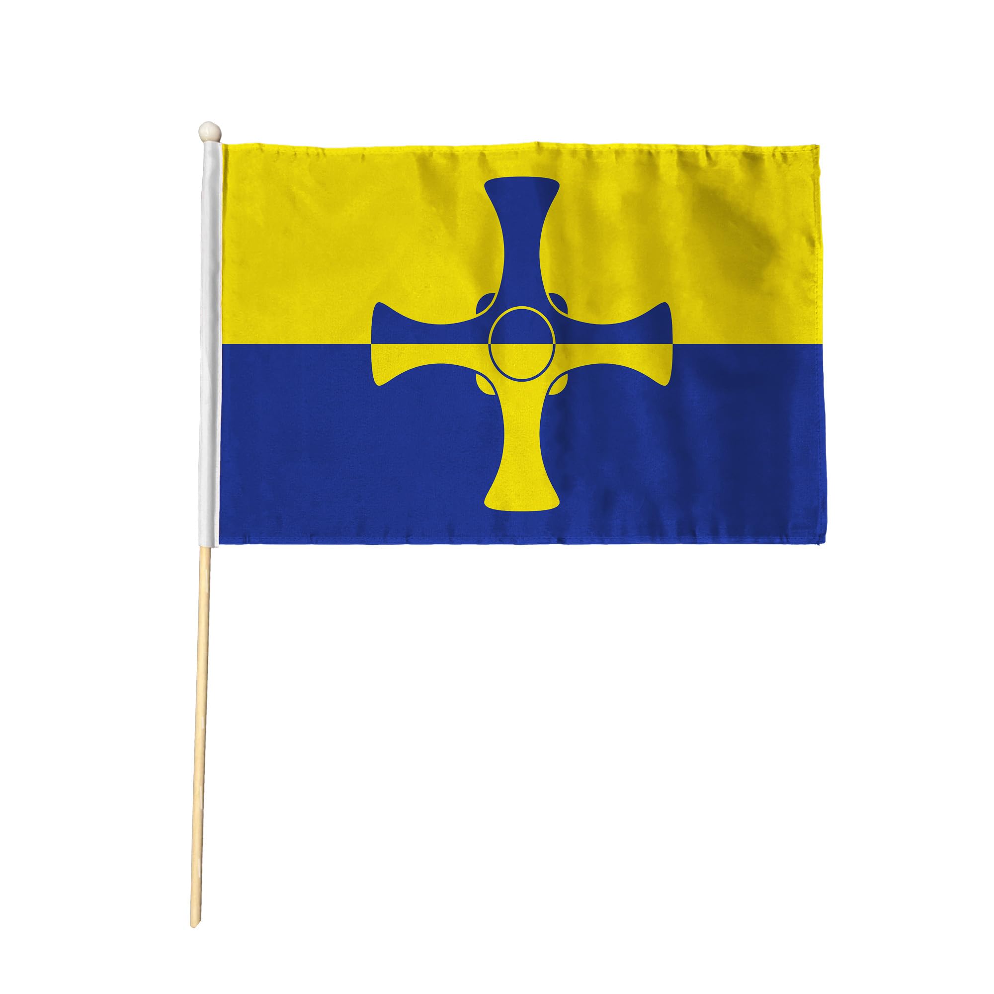 Flagtex Durham County New Pack of 12 Hand Waving Flag (9x6 Inch) - Premium Wooden Stick Hand Flag 9x6 Inch Natural Wood Pole Durham County Flag Current Design Events