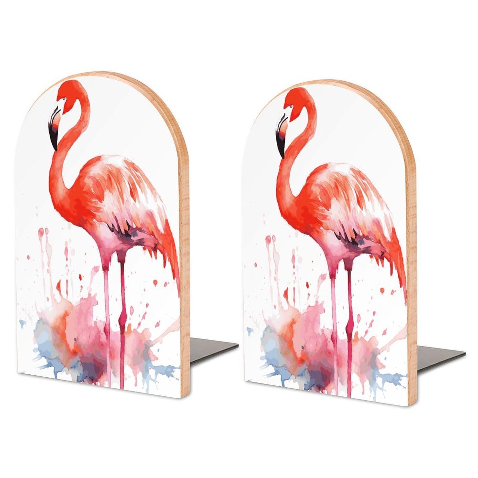 Large Watercolor Flamingos Book End with Metal Base Fashion Heavy Duty Bookend Exquisite Wooden Bookends Non-Skid Book Stopper for Shelves Books Organizer for Office Home 1 Pair